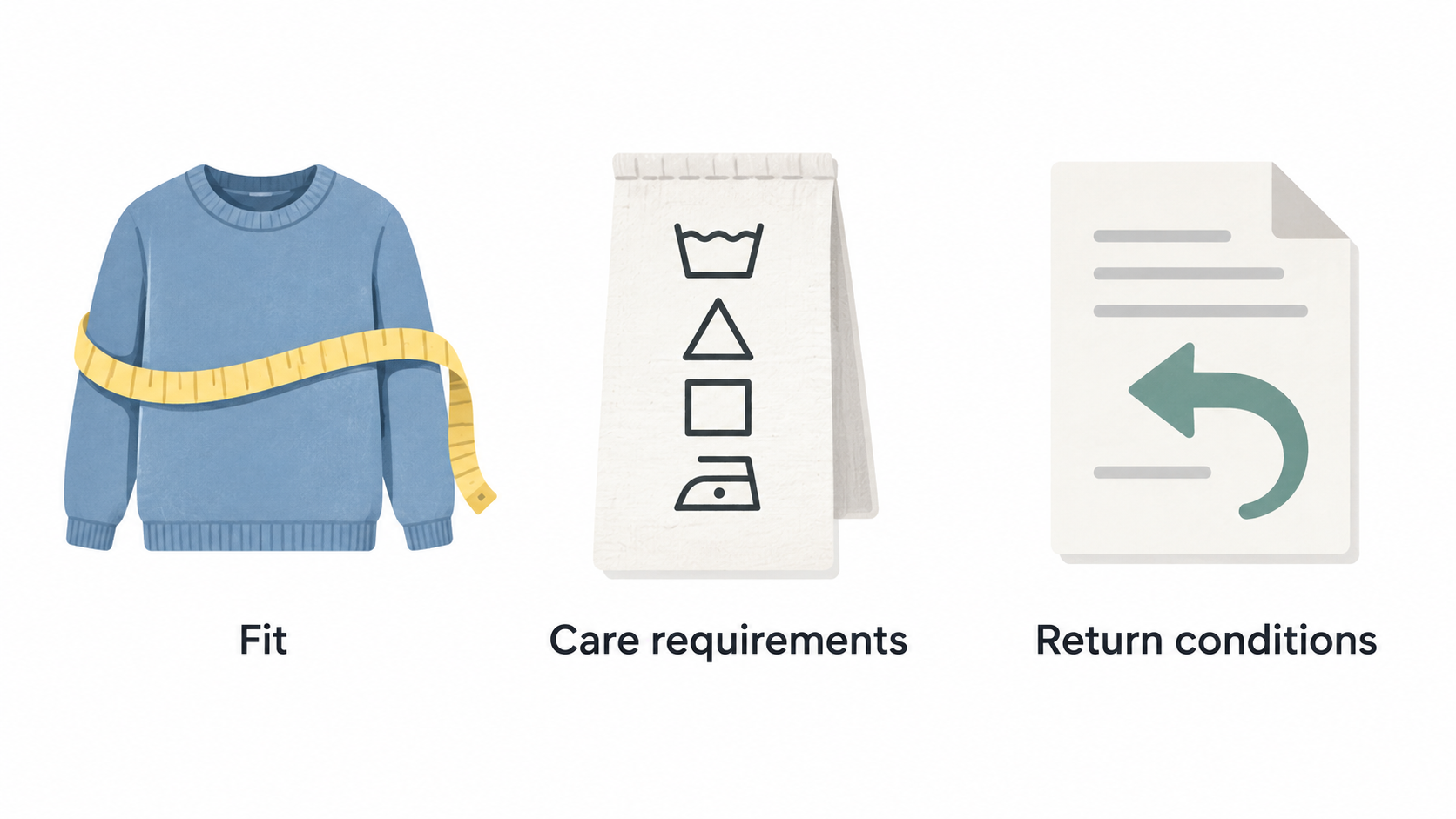 One horizontal row of three icons with short labels: “Fit confidence before purchase,” “Aftercare once the item arrives,” and “Return flexibility if the choice is not right.”