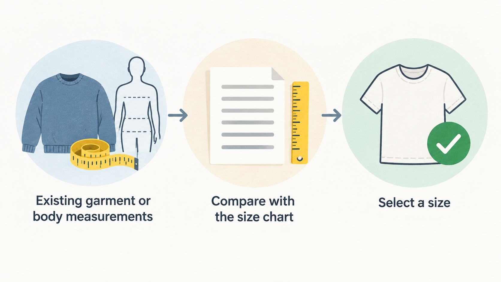 One numbered checklist with four points: “Existing garment or body measurements,” “Product-page size chart,” “Named garment or fabric care,” and “Return timing and condition checks.”