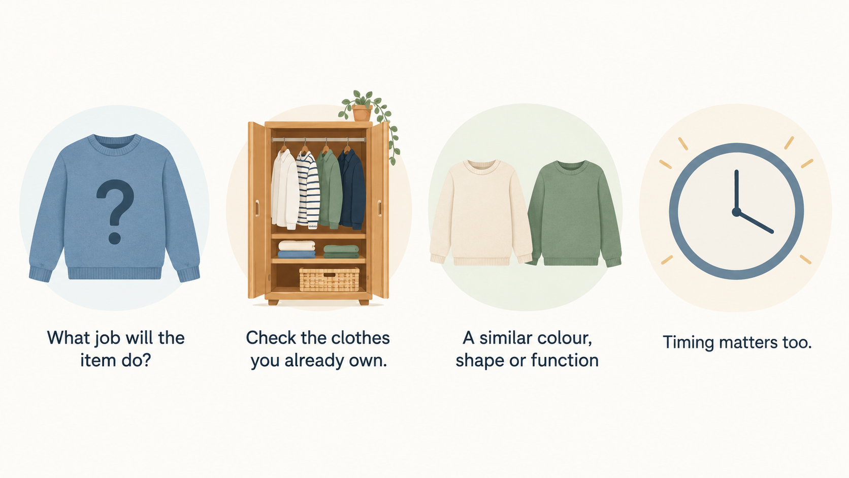 One numbered checklist of five points stated in the section: define the job, check wardrobe overlap, set a ready-by date, write a one-line use case, and check likely frequency.