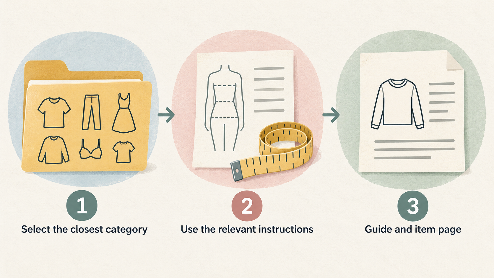 One numbered checklist showing the section’s four stated steps: “Select the closest category,” “Use the guide and item-page instructions,” “Keep category and garment measurements together,” and “Re-check the current product page.”