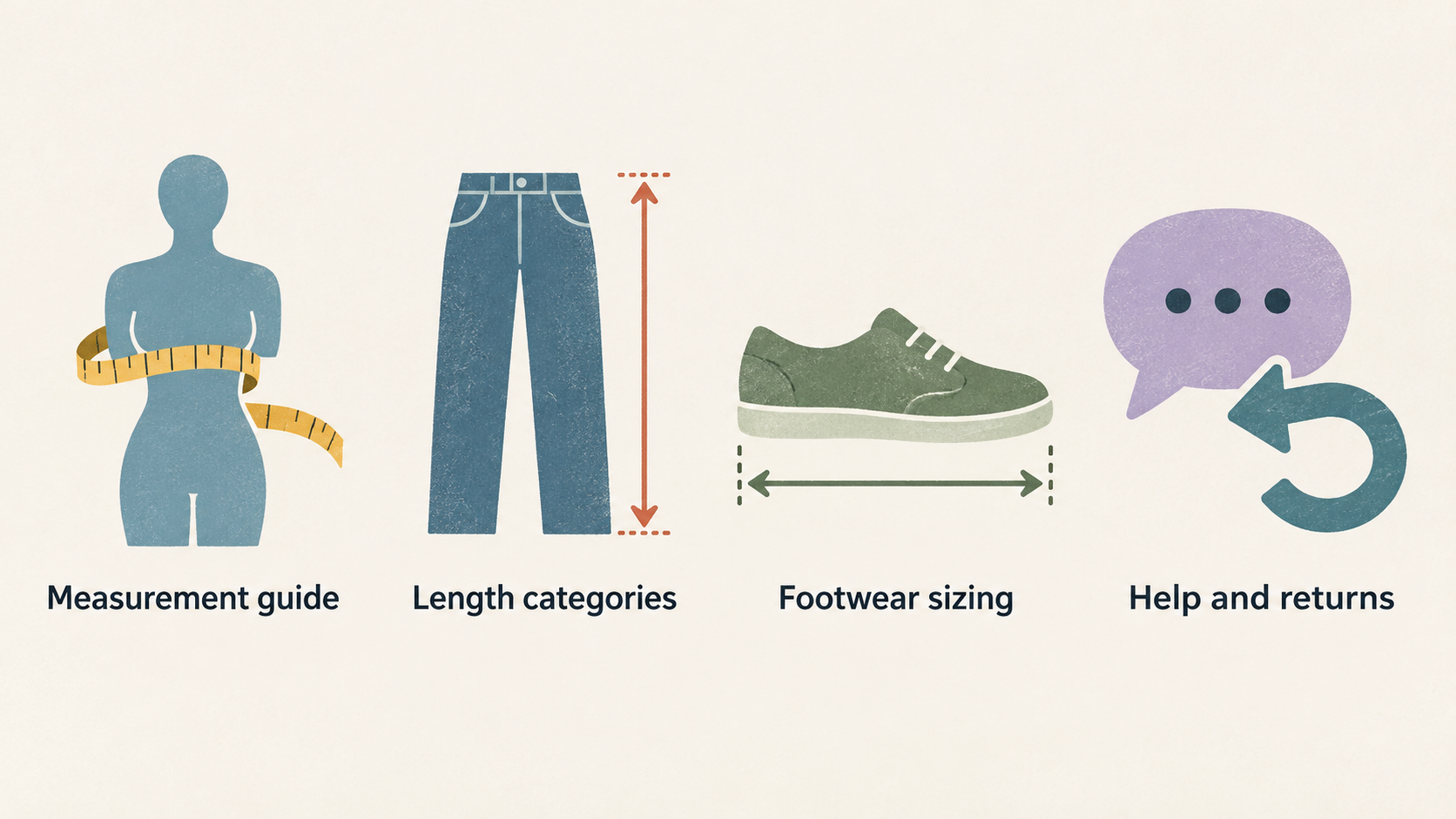 Show one row of four icons labeled “Women’s measurements,” “Jeans and trousers length,” “Footwear sizing,” and “Help and returns.”