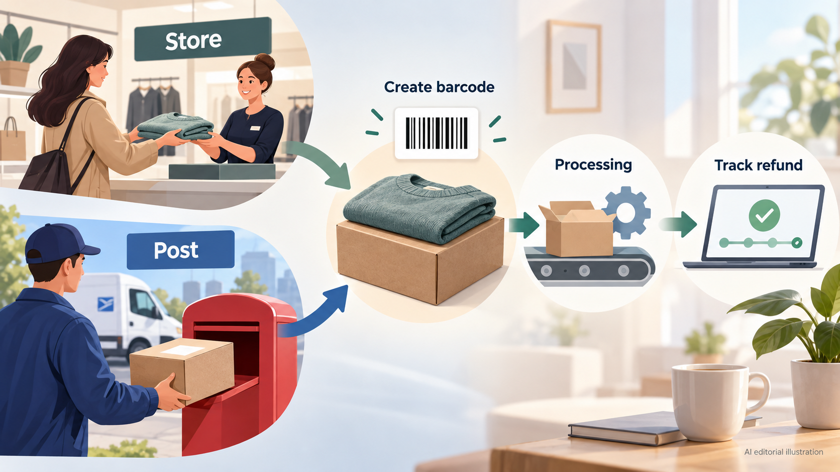 Show a practical return-policy check from available return methods and barcode creation through refund processing and tracking, while reminding readers to verify the current policy for the specific retailer and item
