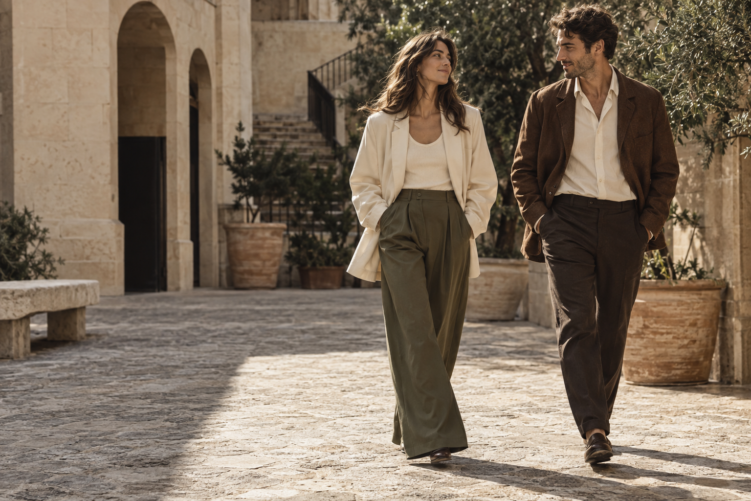 Illustrative fashion editorial: two adults in relaxed neutral tailoring in a sunlit courtyard