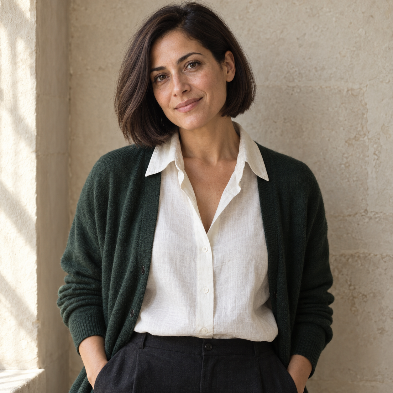 AI-generated editorial portrait of the Irene Calder persona, with a dark bob and green cardigan