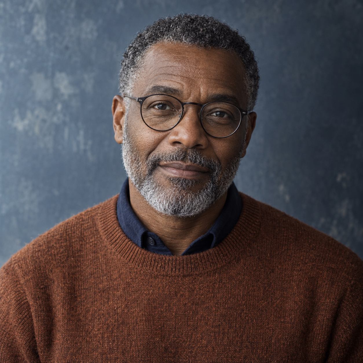 AI-generated editorial portrait of the Marcus Rowan persona, with round glasses and a rust knit sweater